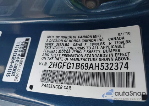 2010 Honda Civic Lx из США, поврежденный, VIN 2HGFG1B69AH532374